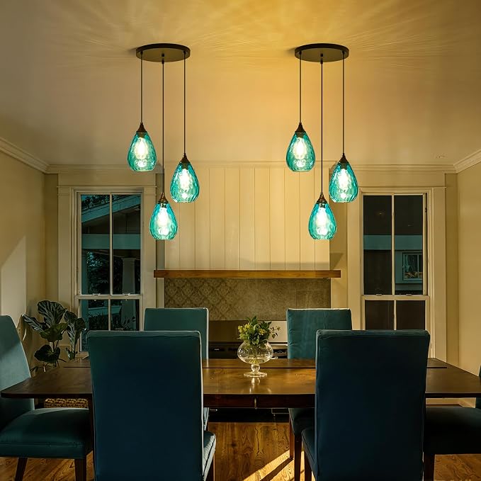 Blue 3-Light Pendant Lighting, Modern Dining Room Light Fixture Over Table with Hammered Glass, Cluster Hanging Lights for Kitchen Island Dining Room