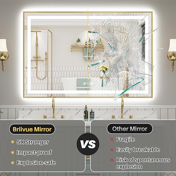 40x36 Inch LED Bathroom Mirror with Gold Frame, Backlit & Front Lit | Anti-fog, 3 Color Dimmable, Memory Function, HD Reflection Tempered Glass, ETL Listed, IP54 Waterproof