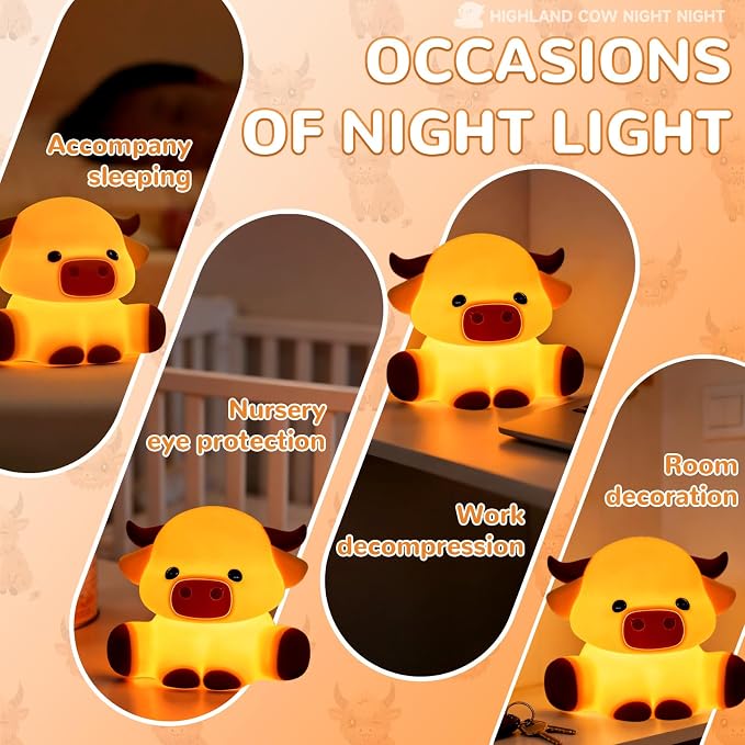 Highland Cow Night Light for Kids, Dimmable and Timed Silicone Night Lamp, Highland Cow Lamp for Nursery Bedroom Suitable for Room Decor and Themed Gifts