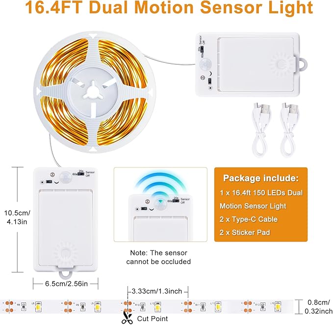 OMIKA 16.4FT 150LEDs 2700K Warm White Motion Activated Under Cabinet Lights, Rechargeable Cuttable Adjustable Dual Motion Sensor Light Indoor, Two Motion Sensor LED Strip for Stairway Closet Corridor