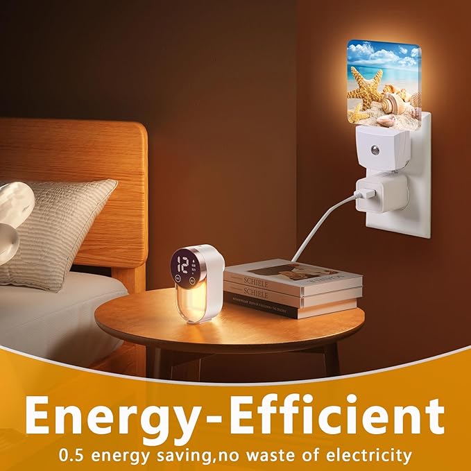Ocean Beach Summer Night Light, Plug-into Starfish Seashell Sea Nightlight White LED Lamp, Energy Efficient Decor Desk Lamp for Bedroom Hallway Stairs Bathroom
