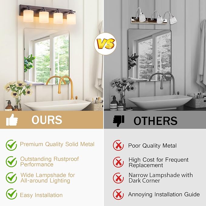 Modern Bathroom Light Fixtures Over Mirror, Vanity Lights for Bathroom Wall Sconces with Milky White Glass Shades, E26 Socket (Bulbs Not Included), 4 Light, Oil Rubbed Bronze