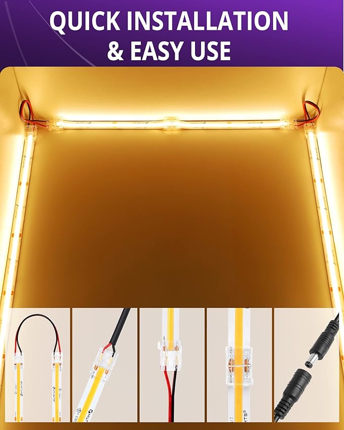 HitLights LED Strip Connector 2Pin 10mm Connector Kit Include Gapless Connector, Jumper Connectors, Pigtail Connector, DC Female and Connector, DC Jack Splitter for COB/2835 Single Color LED Strips