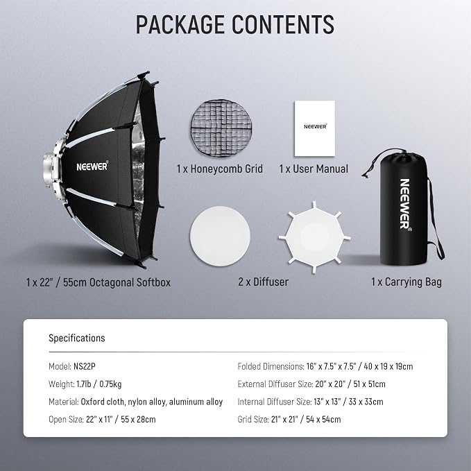 NEEWER 22"/55cm Octagonal Softbox, Quick Release Bowens Mount Nylon Soft Box with Honeycomb Grid Light Diffusers Bag for RGB CB60 CB60B CB200B MS60B MS60C MS150B S101-300W/400W Pro Vision 4 Q4, NS22P | Nylon, with Honeycomb Grid, Light Diffusers, Bag, ...