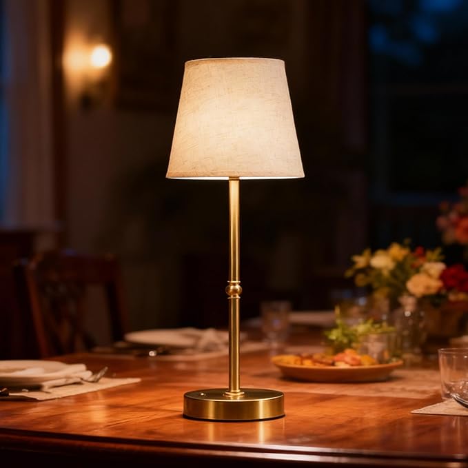 Cordless Table Lamp Rechargeable, 6000mAh Battery Operated LED Lamp with USB-C, Touch Control Stepless Dimmable Small Gold Fabric Lamp for Kitchen Counter, Small Spaces, Bedroom, Living Room