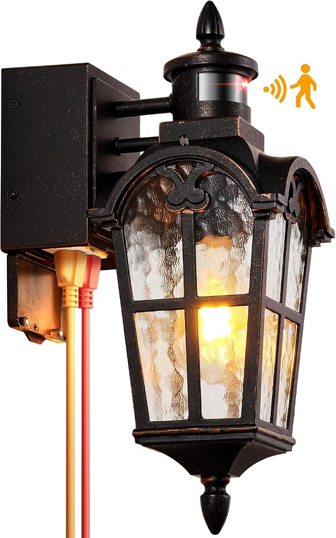 Outside Wall Lights for House with GFCI Outlet, Oil-Rubbed Bronze Motion Sensor Outdoor Lights, Dusk to Dawn Outdoor Lantern Fixture, Anti-Rust Porch Light with Outlet for Garden Front Door