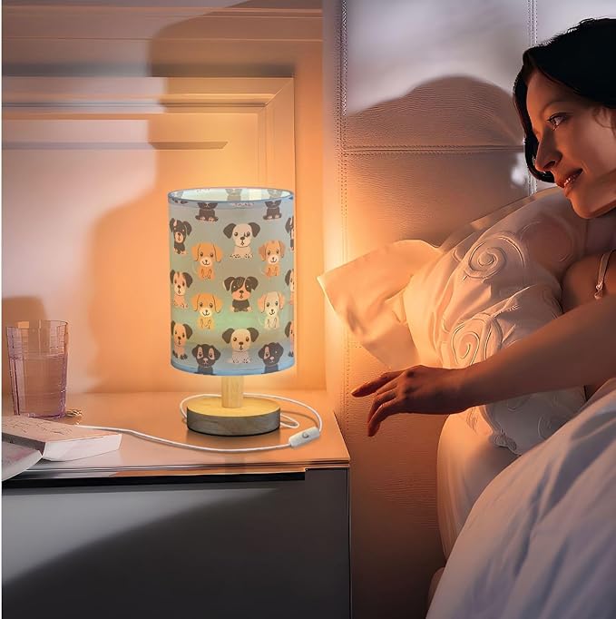 Fustylead Cute Puppy Dogs Blue Bedside Table Lamps with USB Port for Bedroom Lamp Accent Table Lamp Small Nightstand Lamp Sturdy Linen Shade Wooden Base Decorative Lamps for Kids|Reading|Dorm|Home