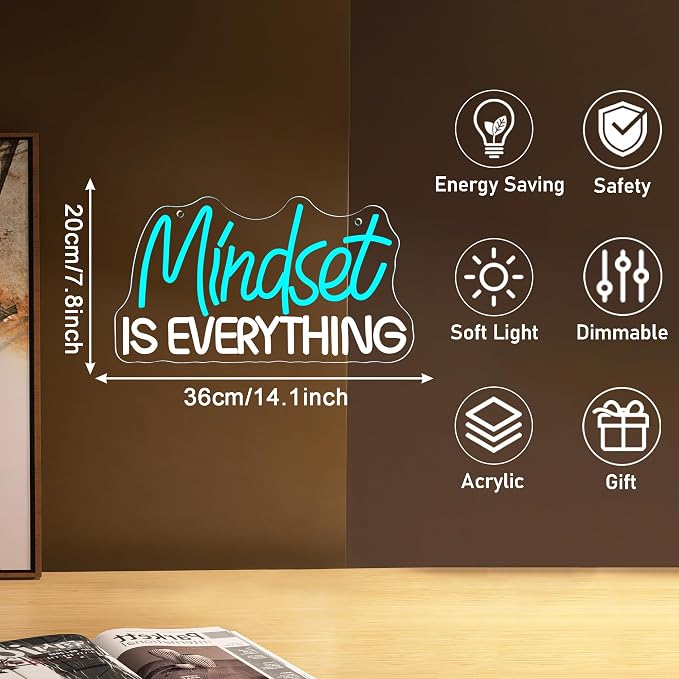 Mutank Mindset Is Everything Neon Sign Wall Decor, Motivational Neon Light USB Powered LED Dimmable, for Classroom Decor Office Gym Library Bedroom Bar Sign(14.1 * 7.8 In)