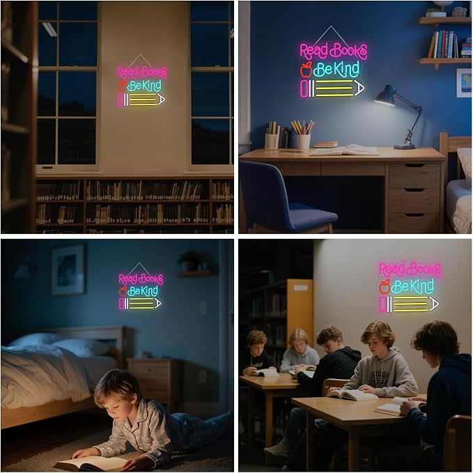 Read Books Be Kind Neon Sign Adjustable Brightness Student LED Neon Light Light Up Colorful Neon Sign Suitable for Classroom Study Room Library Bookstore