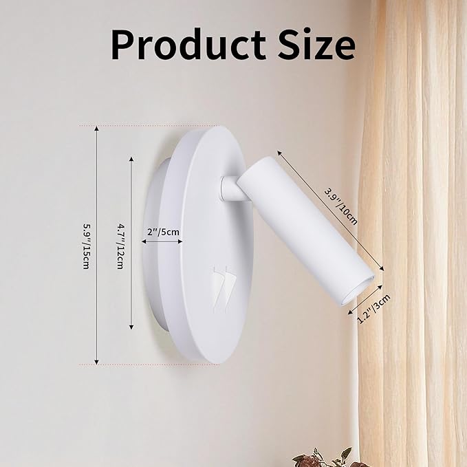 Modern Minimalist LED Wall Sconce,Hardwired 2-Light Reading Backlight,Dual Light Control (3W/240lm+6W/480lm), Swing Arm Wall Light Fixtures for Bedroom/Bedside(White)