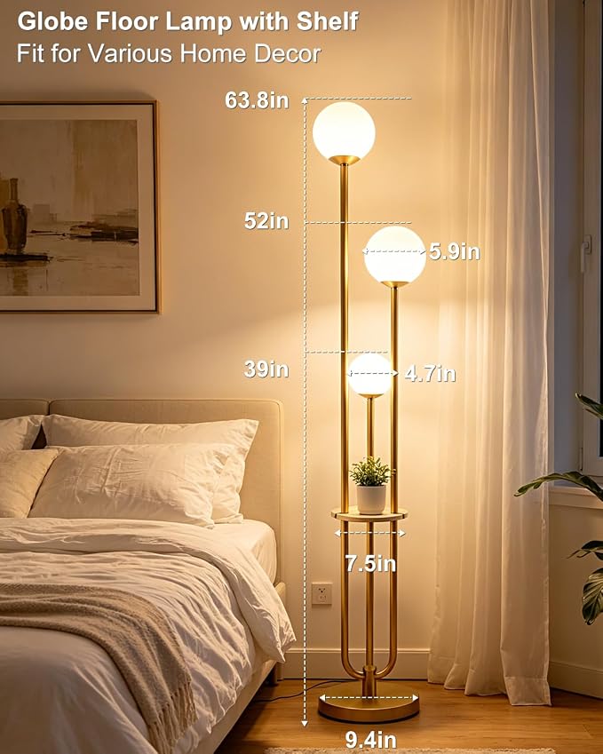 63IN Dimmable Floor Lamp with Shelf, Unique Globe Gold Tall Standing Lamps, 3000K Warmwhite Mid Century Modern Floor Lamp with 5Lbs Heavy Base for Living Room Home Office(Bulbs Included)