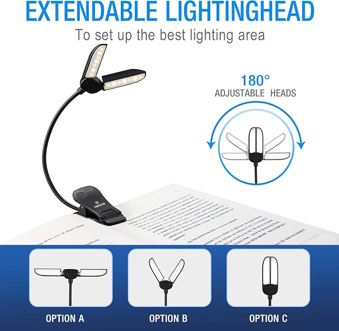 Vekkia 14 LED Book Light with Charger & Travel Case | Cover Both Page, Warm/White Reading Light with Clamp/Lightweight Eye Care Book Lamp/Great for Readers