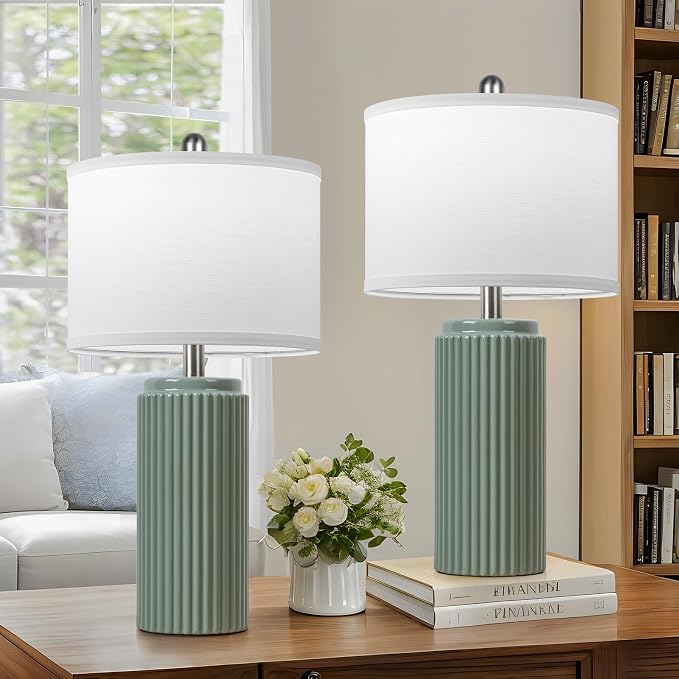 23.5" Green Ceramic Table Lamps Set of 2, Modern Nightstand Lamps | Bedside Table Lamps with White Linen Shade, Ideal Size, Farmhouse Home Decor for Living Room Bedroom Office End Table Dorm