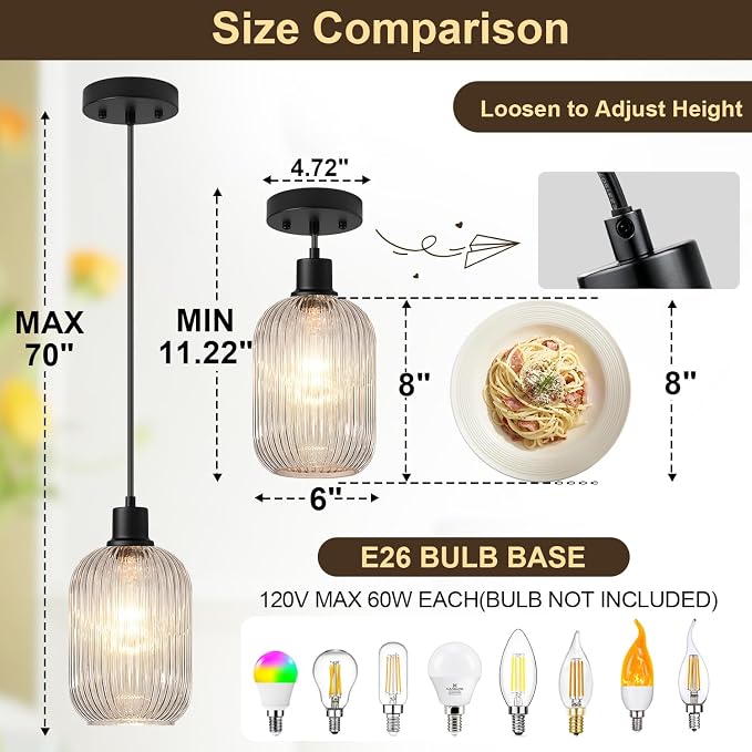 2 Pack Pendant Lights with Vintage Clear Ribbed Glass Lampshade, Adjustable Matte Black Pendant Lights Fixtures for Kitchen Island Lighting Sink, Dining & Living Room Hallway (Bulbs Not Included)