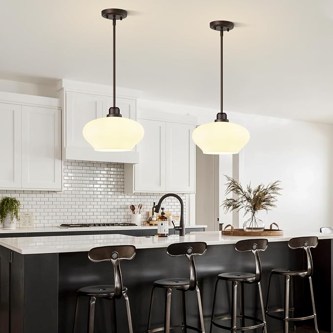 Modern Pendant Lights Kitchen Island, Oil Rubbed Bronze Pendant Light Fixtures with 11" Milk Glass Shade, Industrial Hanging Pendant Lights Fixture for Kitchen Island Dining Room Bedroom Hallway Foyer