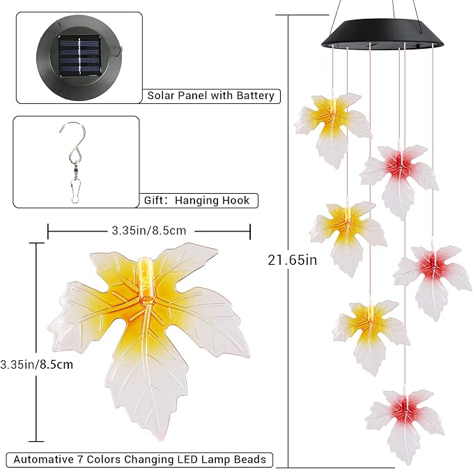 Toodour Solar Wind Chimes, Color Changing Maple Leaf Wind Chime | LED Mobile Wind Chimes, Waterproof Outdoor Wind Chime Lights for Garden, Patio, Party, Window, Thanksgiving