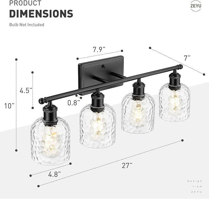 zeyu 27'' Black Vanity Light for Bathroom, 4-Light Wall Mount Vanity Light Fixture, Black Finish with Clear Hammered Glass, ZJF63B-4W BK
