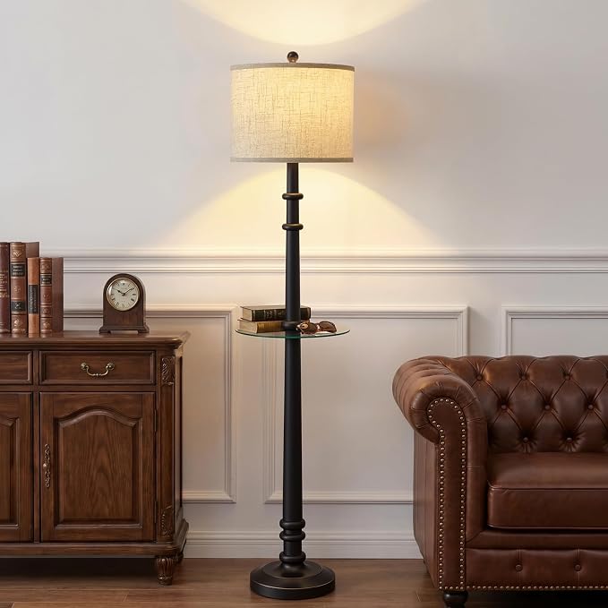 EJIAXIN Floor Lamps for Living Room - 60" Farmhouse Floor Lamp with Adjustable Color Temperatures - Vintage Standing Lamp Reading Light - Retro Tall Lamp with Table for Bedroom Office, Rustic Black