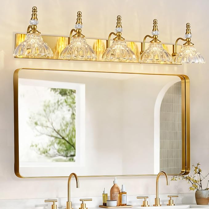 Vintage Bathroom Vanity Light, 5-Light Gold Vanity Lighting Fixture with Flower Glass Shade, Bathroom Lighting Fixtures Over Mirror