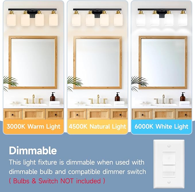 4-Light Vanity Light for Bathroom,Black and Gold Bathroom Light 24" | Bathroom Light Fixture with Square Frosted Glass, Wall Sconces fixtures Over Mirror Sink Restroom,Living Room Hallway