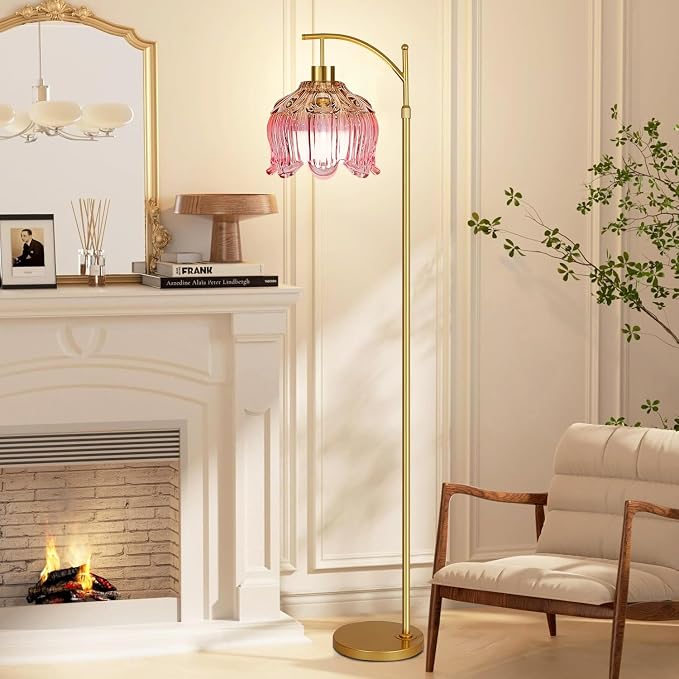 ILLMTW Pink Floor Lamp for Living Room,Bedroom,Glass Mid Century Modern Standing Lamp with Remote,Dimmable Gold Brass Tall Lamp Tulip Flower Arc Floor Light Boho Bohemian