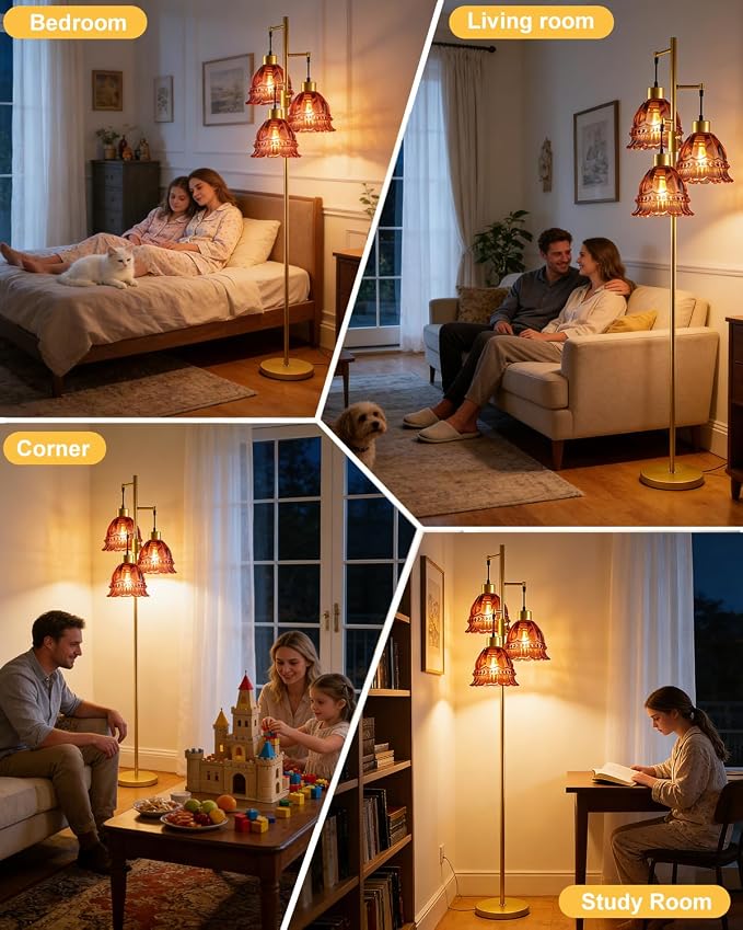 Lightdot 3-Lights Glass Floor Lamp Dimmable Gold Floor Lamp with Deep Red Glass Shade 3000K Bulbs Included Unique Modern Standing Tall Lamp with 5Lbs Heavy Base for Living Room/Bedroom/Sofa Beside