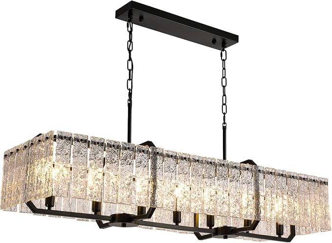 CROSSIO Rectangle Black Crystal Chandeliers for Dining Room, 47inch Large Rectangular Water Ripple Glass Island Light Fixture, Luxury Rectangular Chandelier for Kitchen Island Living Room