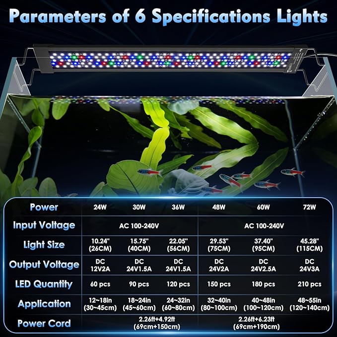AQQA LED Aquarium Light 48W for 32-40 Inch Fish Tank, 24/7 Mode&DIY Mode Full Spectrum Fish Tank Light, IP68 Waterproof High Lumen Aquarium Plant Light, Adjustable Brightness/Timer, Memory Function