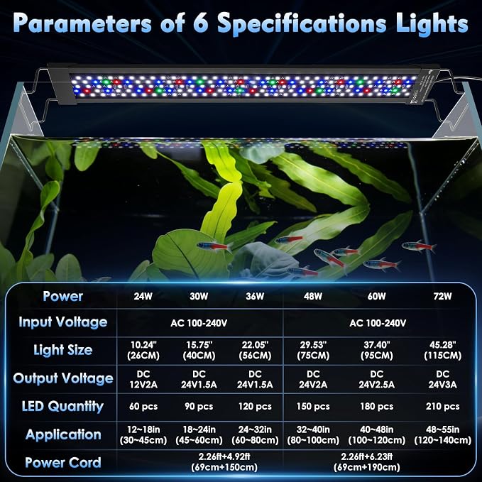 AQQA LED Aquarium Light, 24/7 Mode High Lumen Full Spectrum Fish Tank Light | DIY Mode, Adjustable Timer/Brightness, Extendable Bracket, Memory Function, IP68 Waterproof, Fits for 18–25 Inch Tanks