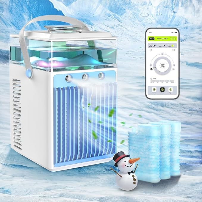Portable Air Conditioners: 5 in 1 Mini AC Fan with 800ML Water Tank App Control Evaporative USB Powered Rechargeable Personal Cooling for Bedroom Night Light Office Desk Camping Tent Car