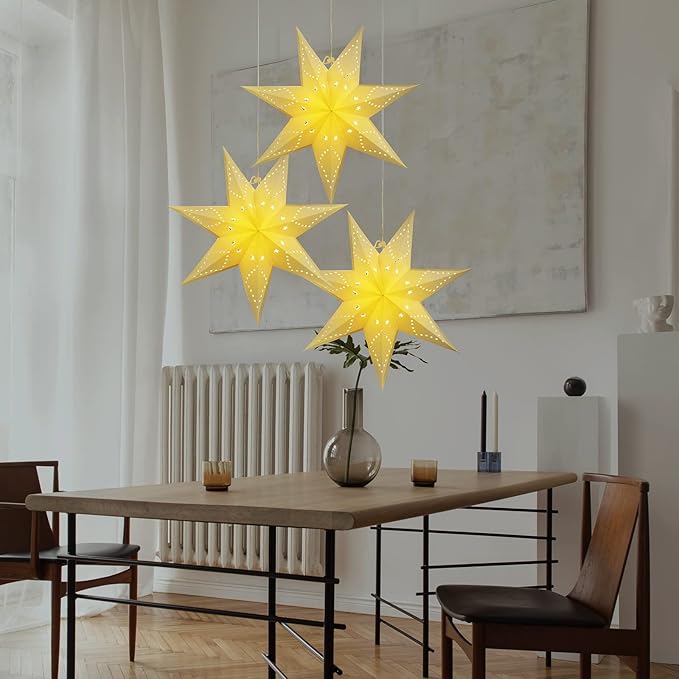 Large Paper Star Lanterns with Lights 3D 7 Pointed Christmas Paper Lanterns 3Pcs Foldable Decorative Christmas Hanging Decorations for Xmas Birthday Holiday Wedding Home Decor New Year Party