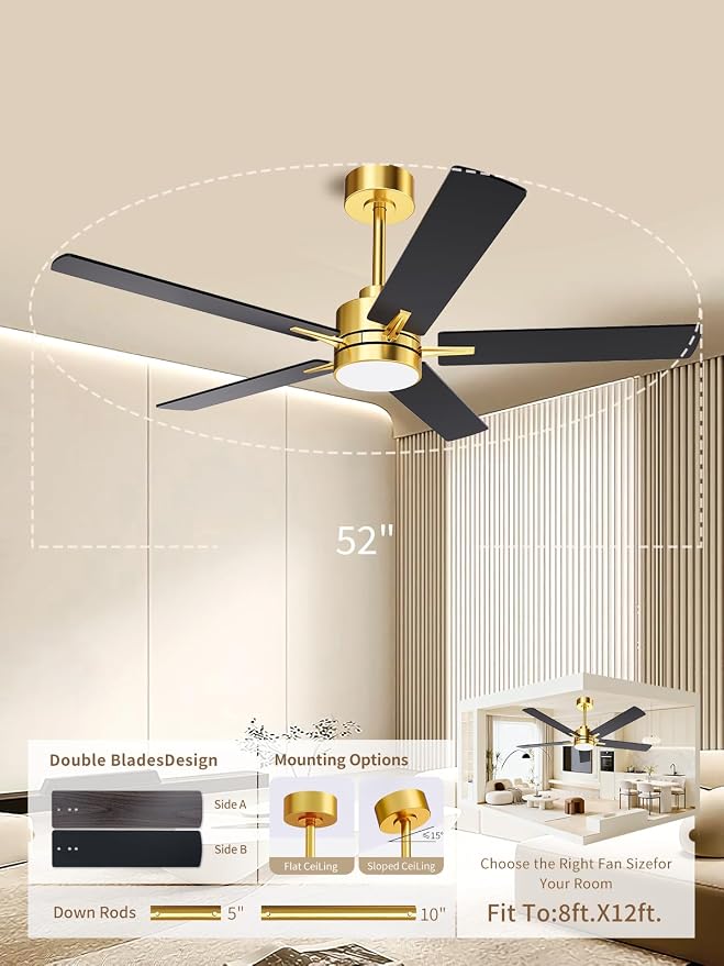 LANMEL Metal Ceiling Fan with Lights and Remote, 52 Inch, Gold & Black | Modern Low Profile Flush Mount, Reversible, 3CCT Dimmable, Quiet, LED, For Bedroom, Living Room, Indoor/Outdoor Patio Use