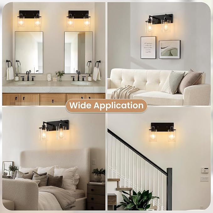 2-Light Bathroom Light Fixtures, Black Vanity Lights for Bathroom with Clear Glass Shade, Bathroom Lights Over Mirror, Modern Bath Wall Mounted Lamp for Living Room, Bedroom, Porch