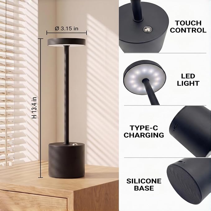 Black Cordless Table Lamp Set of 2, Rechargeable Battery Table Light | 5000mAH Battery Portable LED Desk Lamp, 3 Color Dimmable Table Light for Restaurant, Patio, Bedroom, Bedside Night Lamp