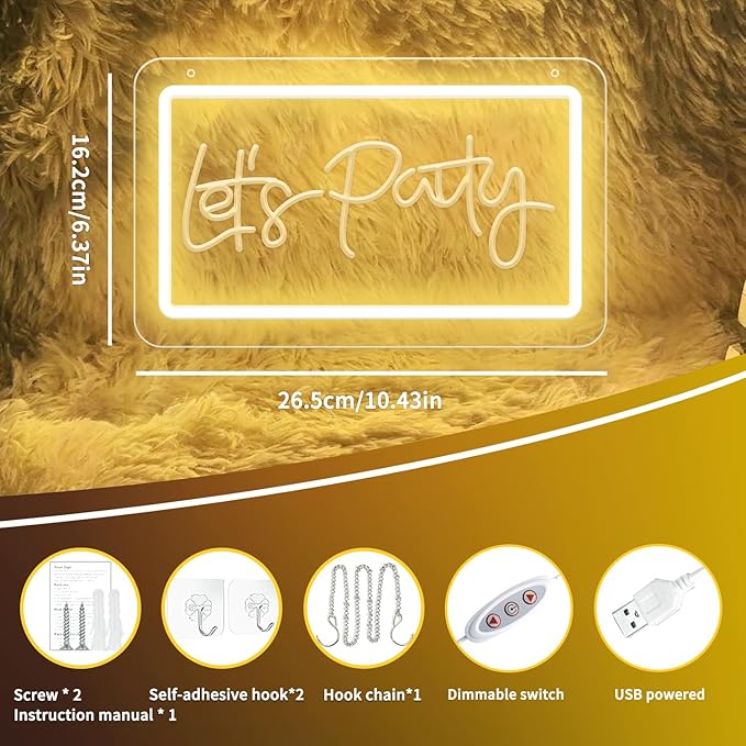 Let's Party LED Neon Sign – Warm White Dimmable Neon Light, USB Powered Wall Decor for Party Backdrop, Bachelorette Party Decor, Ideal Christmas Gift & Birthday Gift