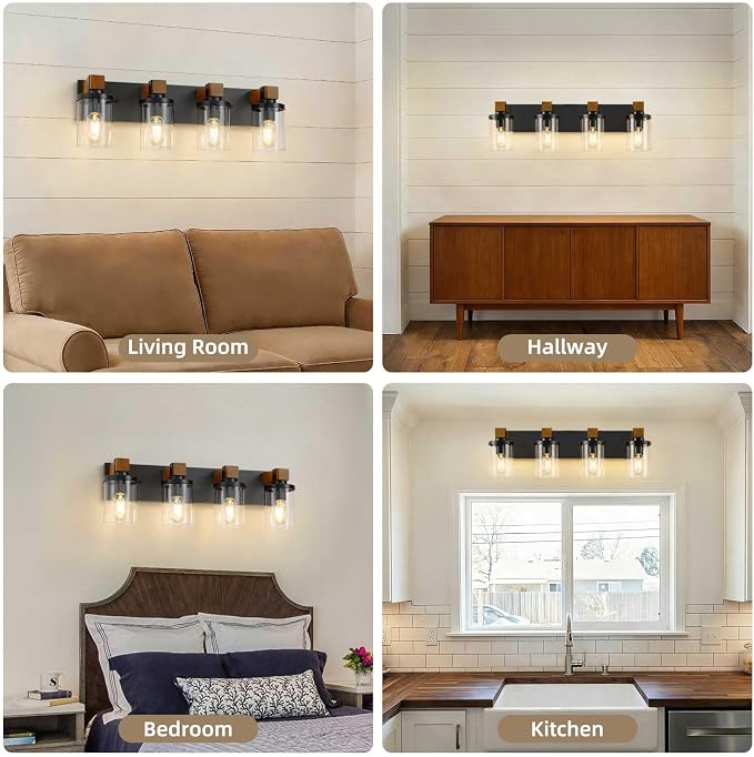 4-Light Farmhouse Bathroom Light Fixtures, Wood Matte Black Vanity Lights Over Mirror with Clear Glass Shades, Rustic Bathroom Lighting Wall Mounted Lamps for Living Room, Cabinet, Porch