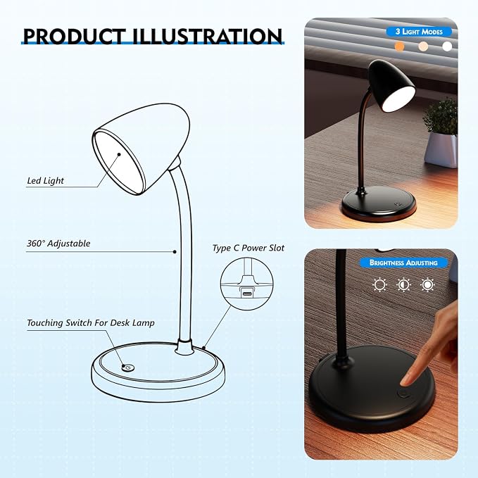 LED Desk Lamp for Home Office,Dimmable Table Lamp 3 Light Colors | Reading Light for Bedside Small Desk Lamp for College Dorm Room,Bedroom Desk Light,Black