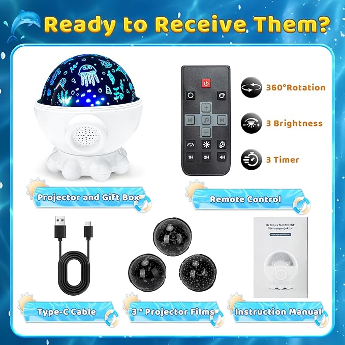 Cute Octopus Night Light Projector,17 Light Modes Ocean Star Projector with 360° Rotation, 3 Projection Films and 9 Lullaby Songs,Night Lamp with Remote and Timer, Gifts for Family and Friends (White)
