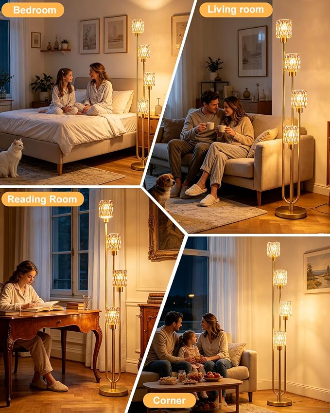 Vintage 4-Light Amber Glass Floor Lamp, Dimmable Gold Standing Tall Lamp for Reading, Mid Century Modern Floor Lamp for Living Room Bedroom Home Office Corner Decor, Bulb Included