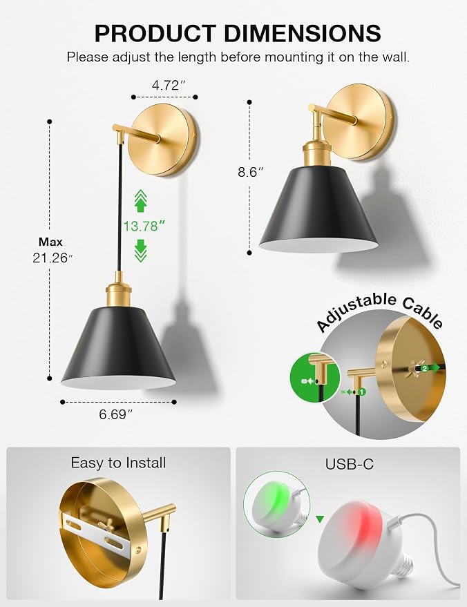 Gold & Black Battery Operated Wall Sconce Set of 2, 5200mAh Dimmable Detachable Bulbs and Remote Wireless Rechargeable Wall Lights, 9 Colors Sconces Wall Decor for Bedroom Living Room Hallway