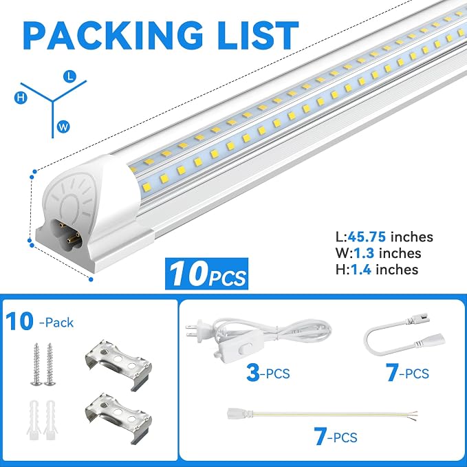 CNSUNWAY 4FT LED Shop Lights, 50W 7500LM D Shape, ETL Listed 10 Pack | 6500K Daylight White, plug-and-play T8 integrated design with clear cover and linkable setup for garages and workshops.