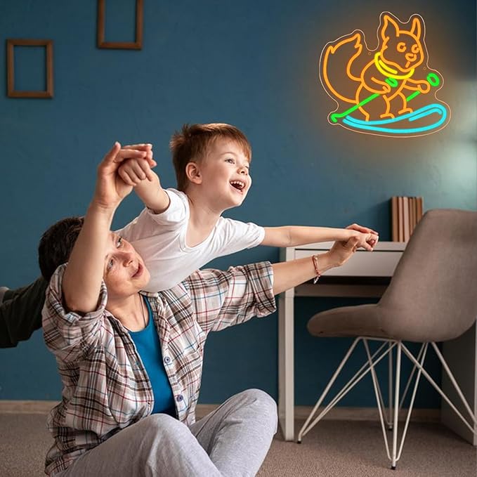 Squirrel Skiing Neon Sign for Wall Decor, Animal Snow Skiing Neon Signs Light, USB Powered Orange Squirrel Led Light Up Sign for Bedroom Pet Store Ski Area Decoration