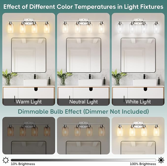 Ascher Bathroom Light Fixtures, 4-Light Vanity Light Over Mirror, Brushed Nickel Wall Sconces with Clear Glass Shades, Wall Lamp for Living Room Bedroom, E26 Base(Bulbs Not Included)