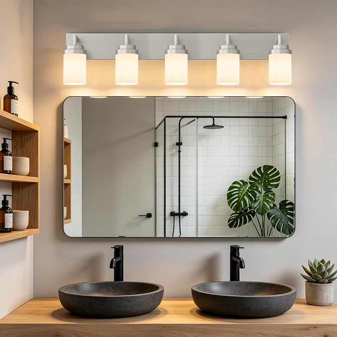 Bathroom Light Fixtures, Brushed Nickel Bathroom Lighting Fixtures Over Mirror, Modern Vanity Light with White Glass Shade, Restroom Lighting Fixtures, 5-Light 36-inch