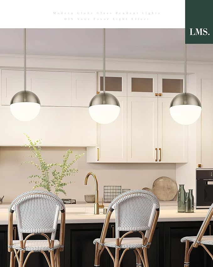 2 Pack Modern Pendant Lights, Mid Century Brushed Nickel Kitchen Lighting with White Globe Glass Shade, Adjustable Hanging Light Fixtures Ceiling Light for Home Office Dining Room, LMS-186BN2PK