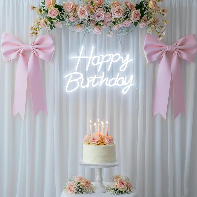Happy Birthday Neon Sign for Backdrop, LED Happy Birthday Light Up Sign, USB Powered Dimmable Neon Light for Birthday Party Decorations, Wall Decor, White, 16.5 x 12 inch
