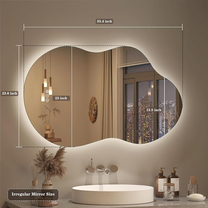 SMIROR 24x36 Irregular Backlit Led Lighted Bathroom Vanity Mirror | Asymmetrical, Cloud Shape, Anti-Fog, 3 Colors, Dimmable, Memory, Tempered Glass, UL