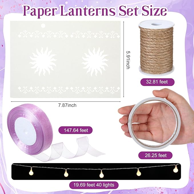 20 Pack Princess Sun Hanging Lanterns with LED Light Purple Princess Hanging Paper Lanterns DIY Set Sun Cutout Square Round Decorations for Photo Props Birthday Party (White)