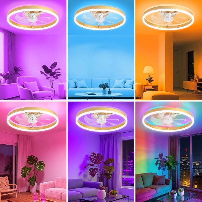 RGB Ceiling Fan with Light, 20'' Low Profile Ceiling Fans with Remote Control, Smart Gold Flush Mount LED Fan Light, Modern Bladeless Fandelier for Bedroom, Living Room, Kitchen