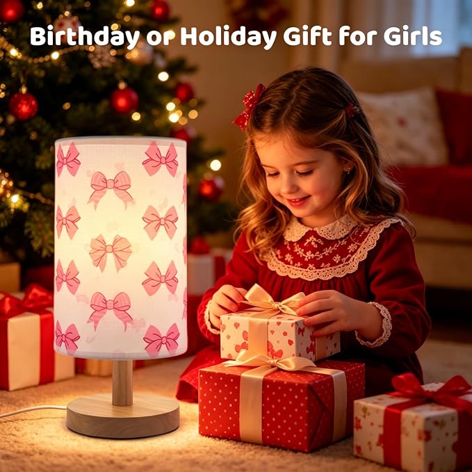 Pink Bow Bedside Table Lamp for Bedroom,Kids Room Decorative Lights 3 Colors LED Nightstand Night Light Lamps with Linen Lampshade Desk Lamp for Girls Boys Birthday Gifts for Home Living room Decor